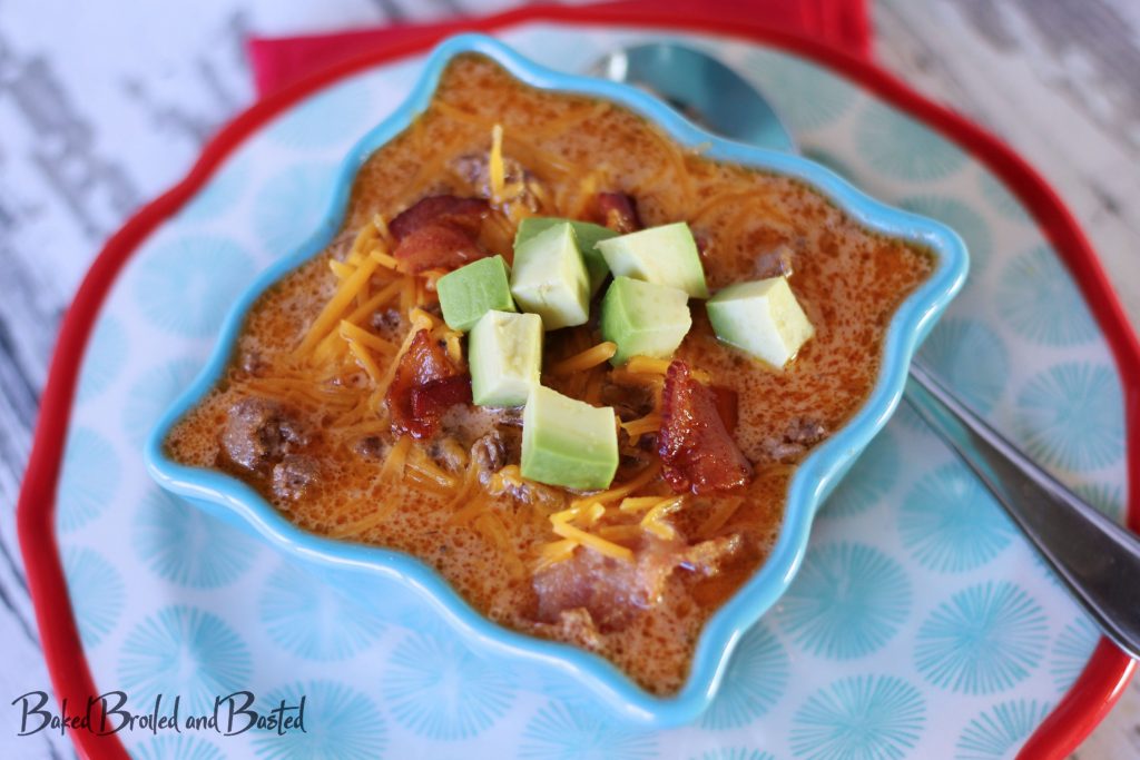 Low carb Bacon cheeseburger soup in a bowl on a plate