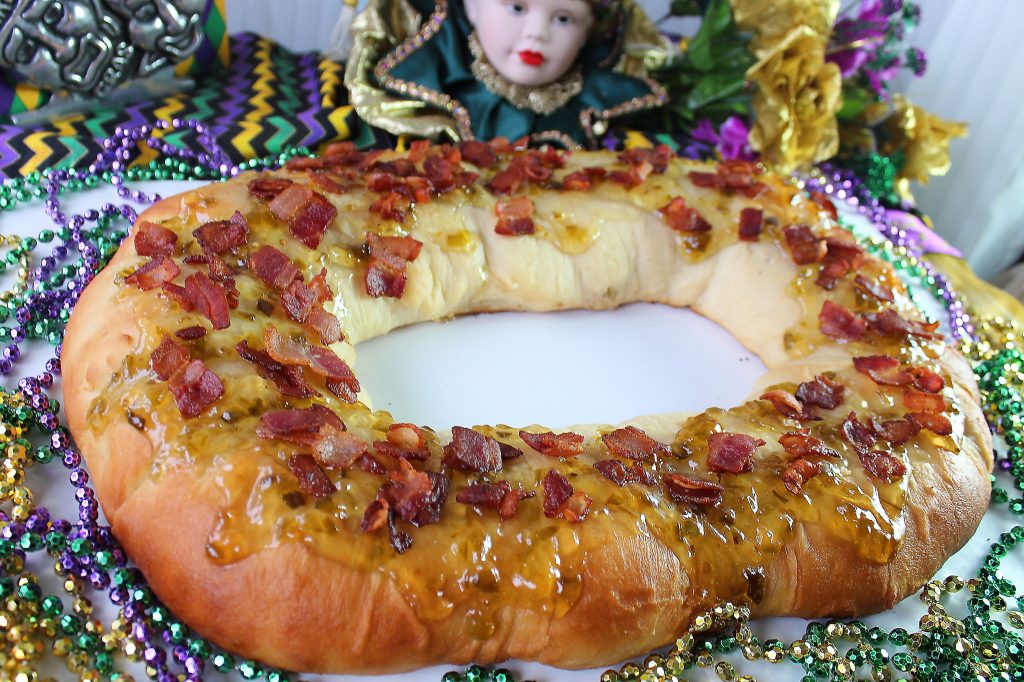 Boudin Stuffed King Cake with bacon and pepper Jelly