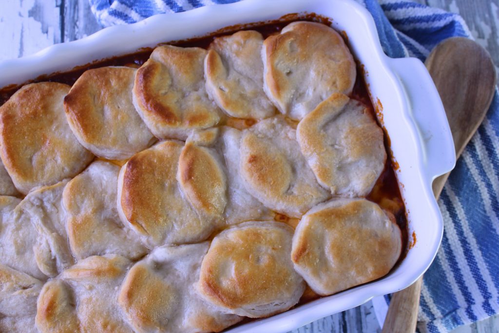 Sloppy Joe Casserole in a white pan