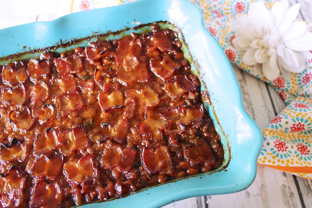 Angry Pig Baked Beans in blue baking dish