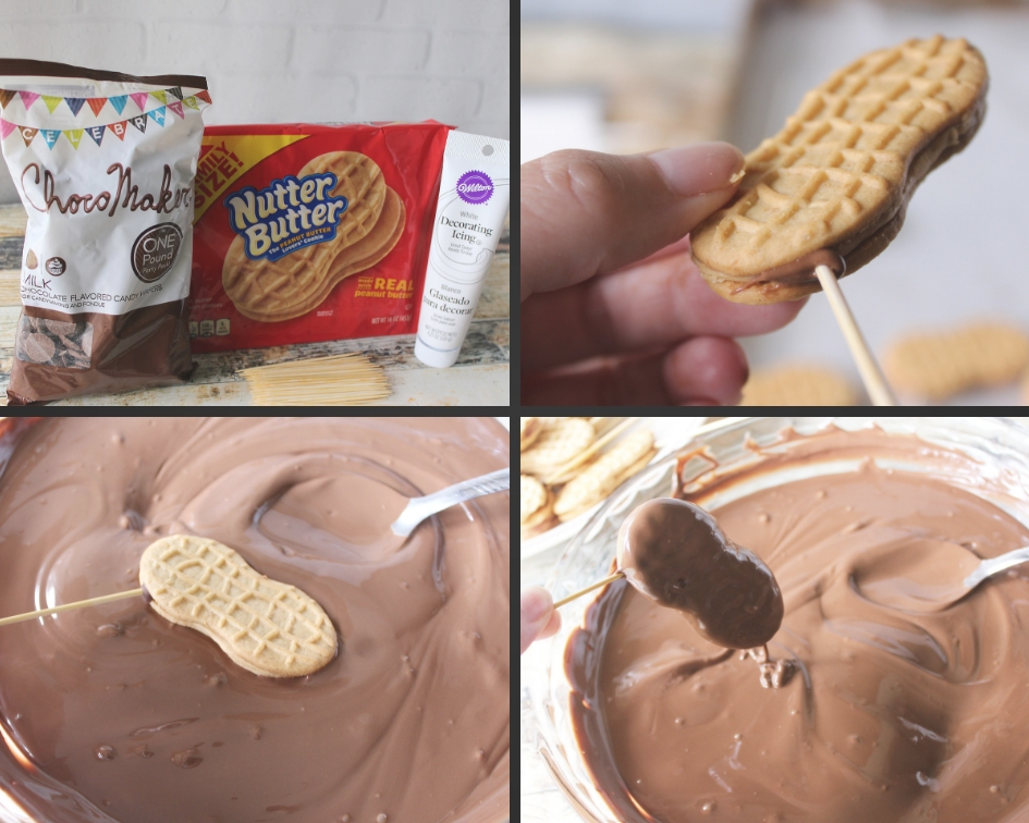 Showing the steps to chocolate dipping the nutter butters