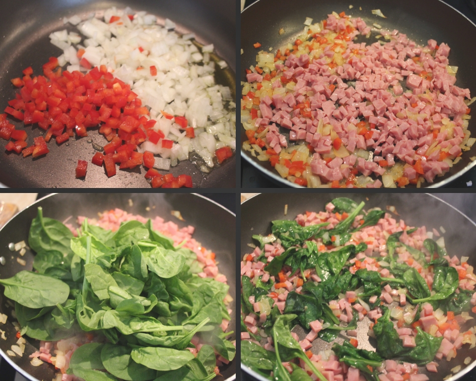 Cooking fresh veggies, ham , and spinach. 