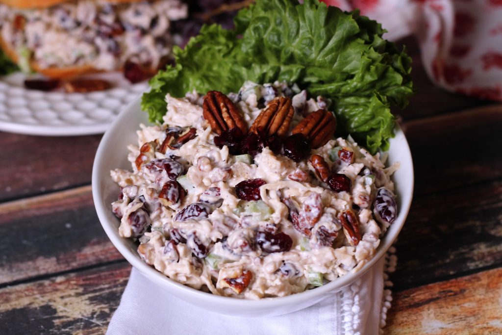 Cranberry Pecan Chicken Salad in a white bowl