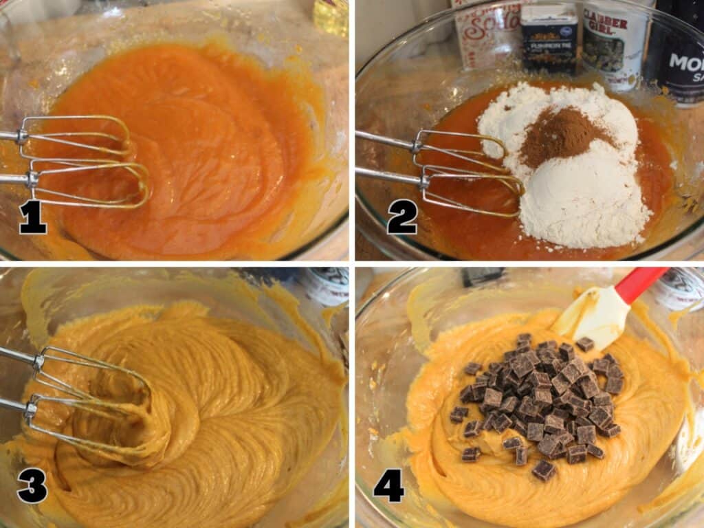Step-by-step process of making chocolate chunk pumpkin bread: mixing pumpkin purée, adding flour and spices, blending smooth batter, and folding in chocolate chunks