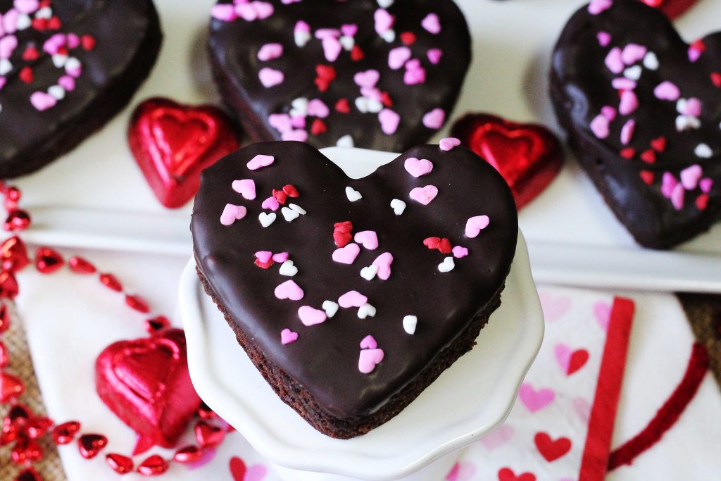 Chocolate Dipped Brownie Hearts on a stand