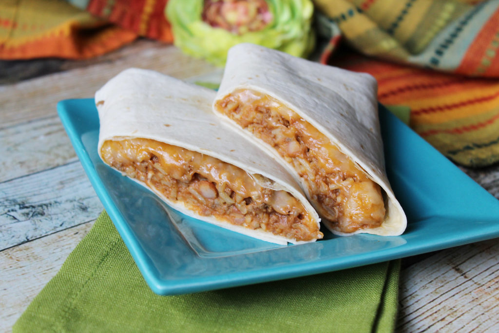 Beef and Bean Burrito on a blue plate