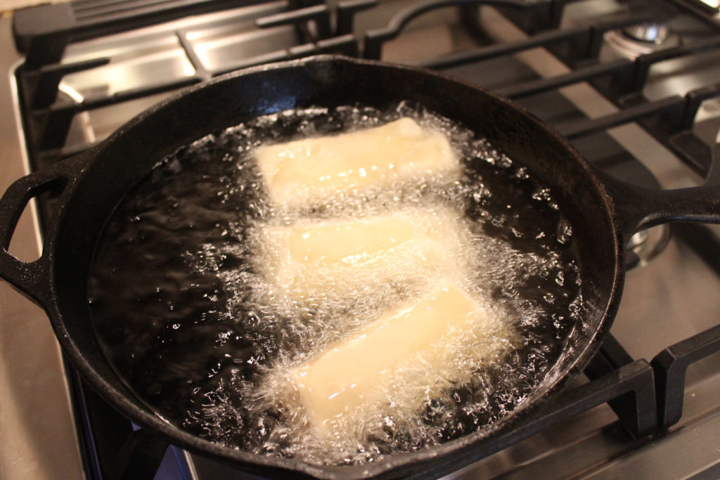 Frying egg rolls in a cast iron skillet