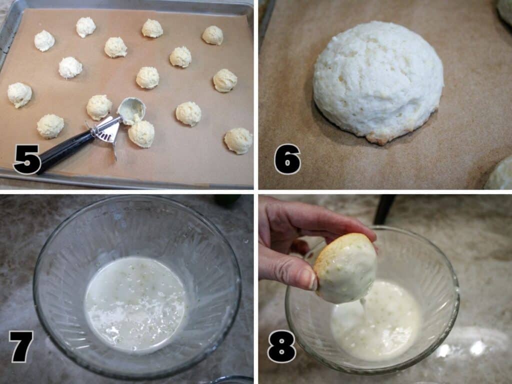 Scoops of Key Lime Ricotta Cookie dough placed on parchment lined baking sheet ready to bake. Then baked and dipped into the key lime glaze 