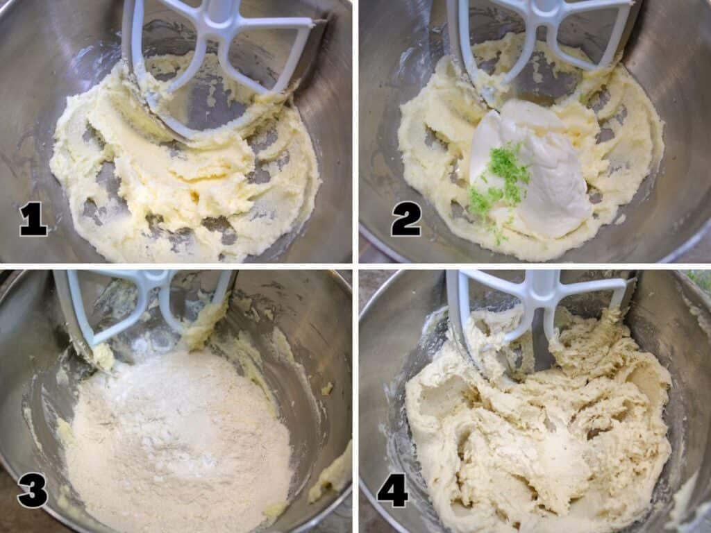 Step by step collage showing cookie dough being mixed for Key Lime Ricotta Cookies in a stand mixer bowl.