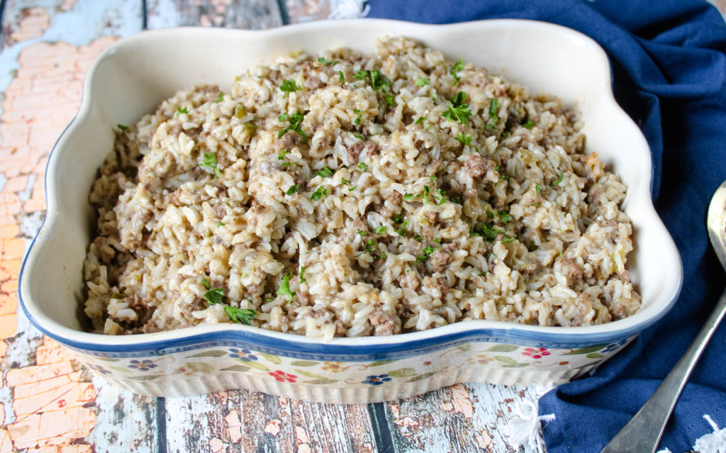 Eggplant Rice Dressing in a serving dish