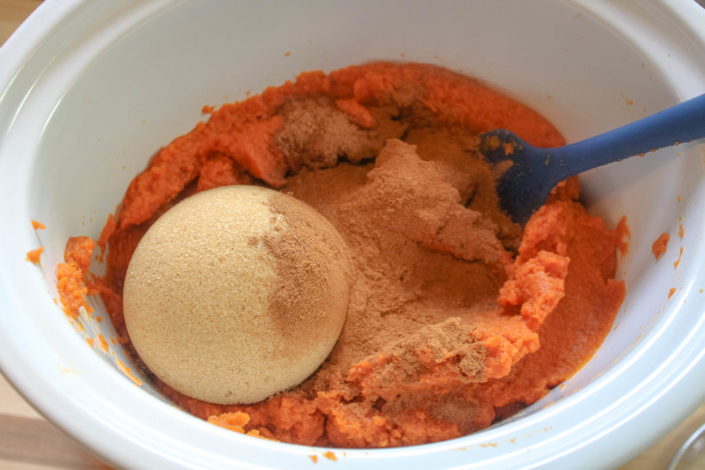 Pumpkin, spices , brown sugar, and apple juice in a slow cooker