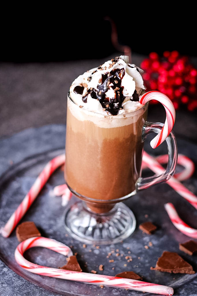 Peppermint mocha topped with whipped cream and chocolate