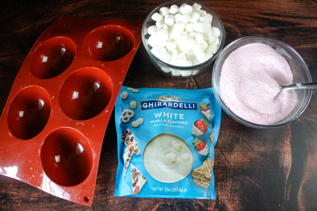 Ingredients to make pink hot cocoa bombs