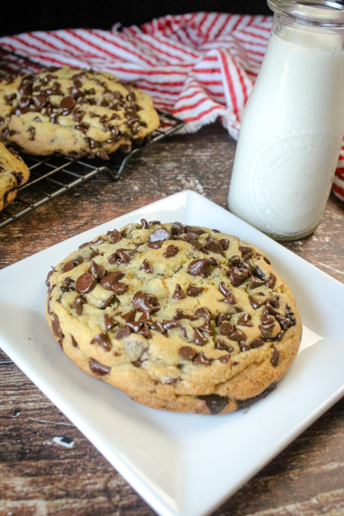 Bakery Style Chocolate chip Cookies on a plate 