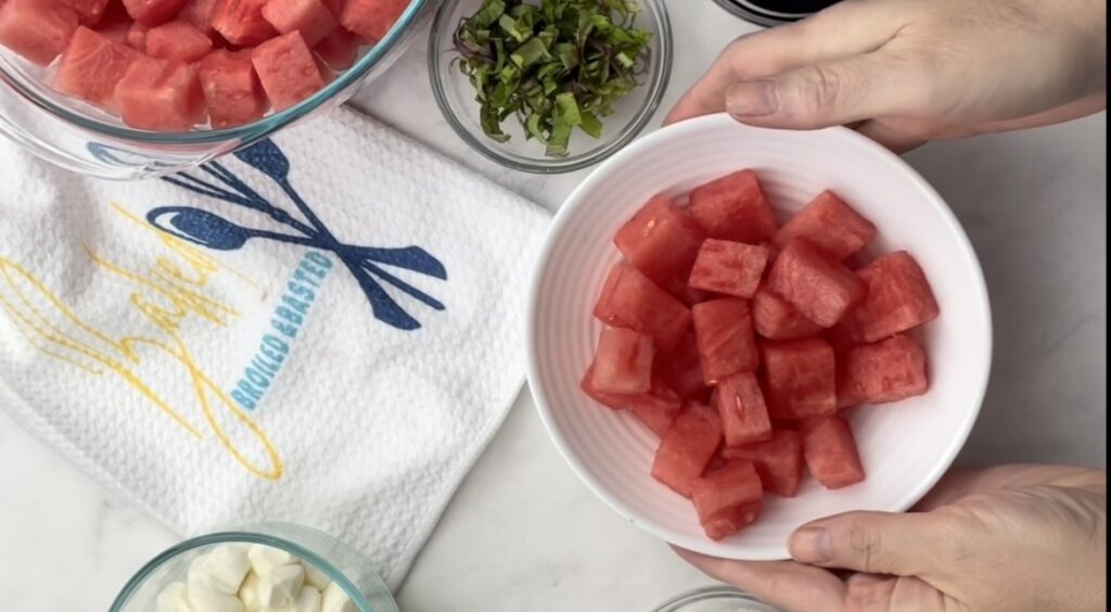 Cubed watermelon in a white bowl 