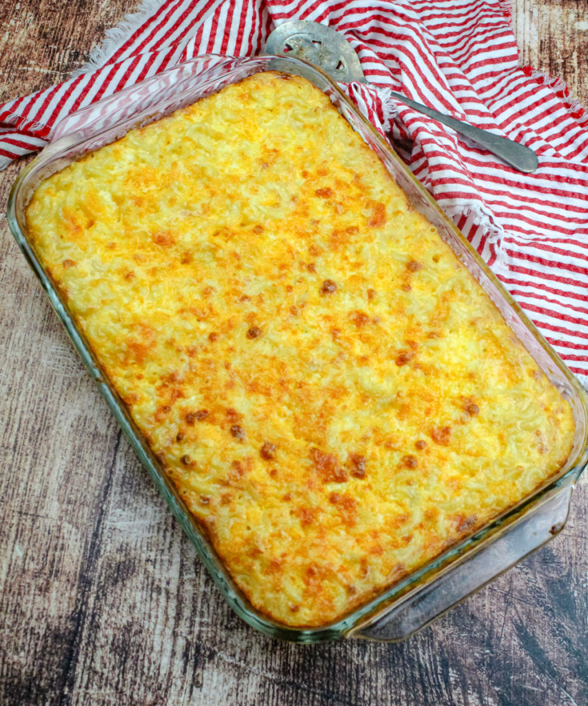 Old fashioned Macaroni and cheese in a casserole dish