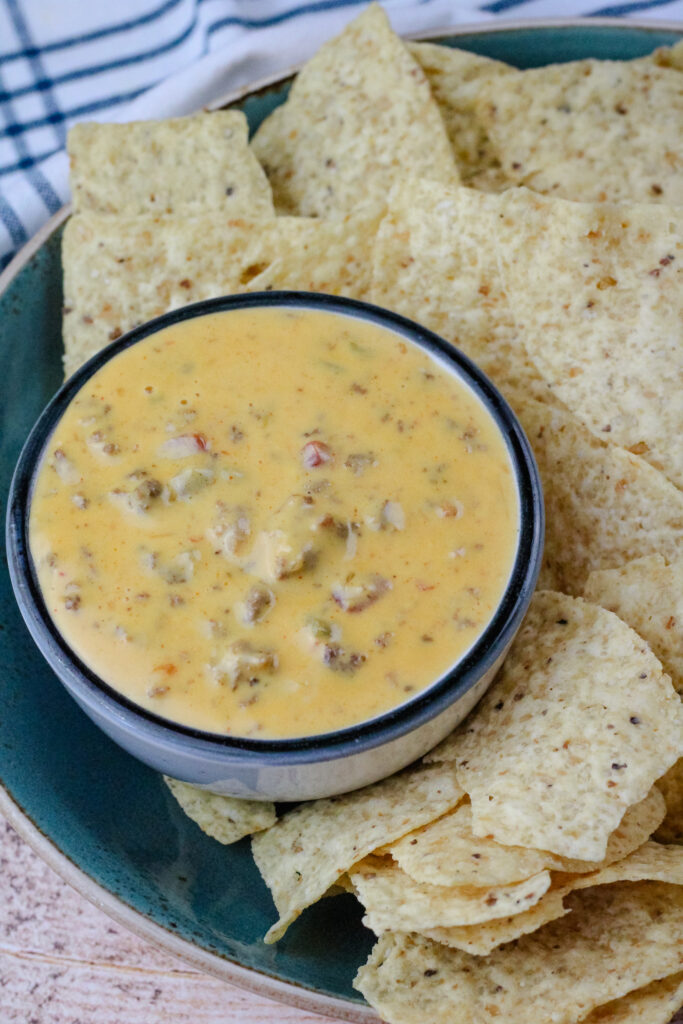 Taco Cheese dip in a bowl bowl surrounded by tortilla chips 