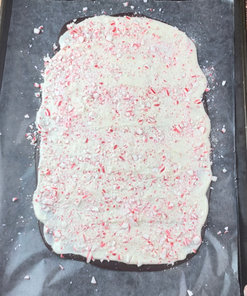 Peppermints dusted on top of the white chocolate 