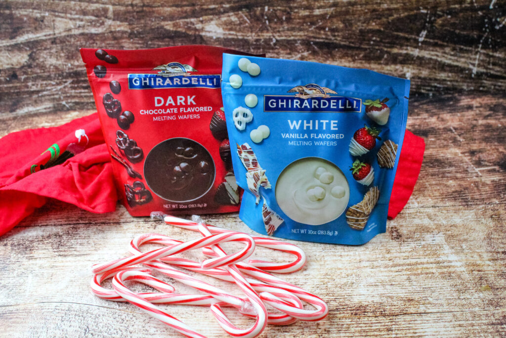 Ingredients for peppermint bark - 1 bag of each Ghirardelli Dark chocolate and white chocolate 