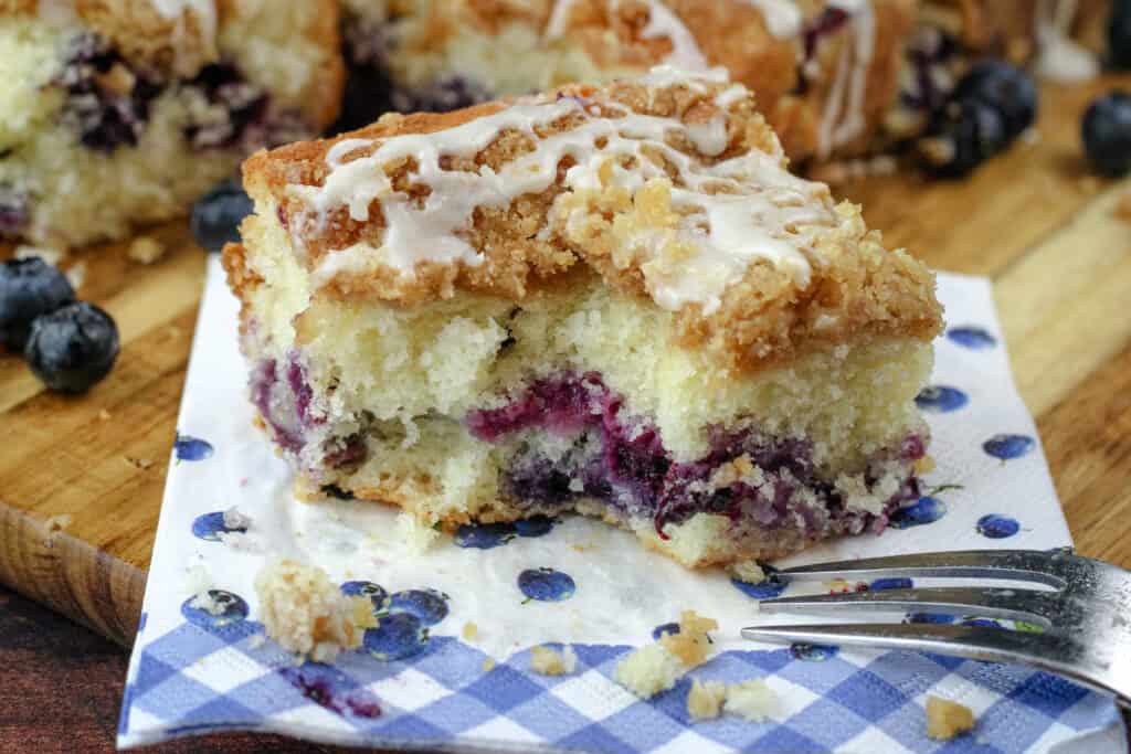 Blueberry Crumb Cake with a bite taken out 