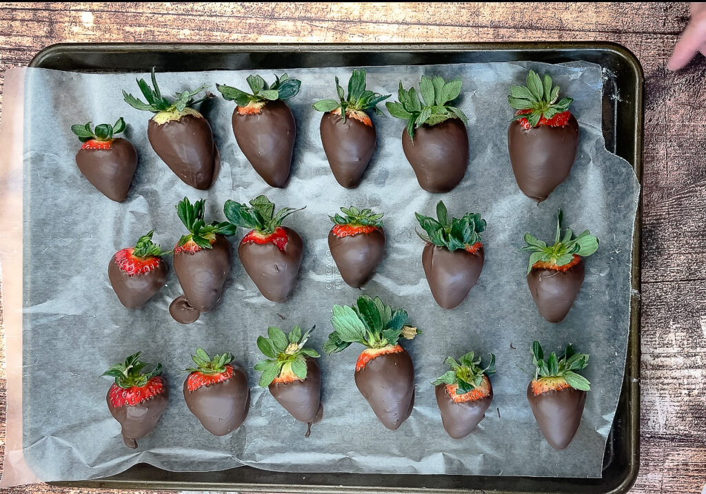 Letting chocolate dipped strawberries dry on wax paper 