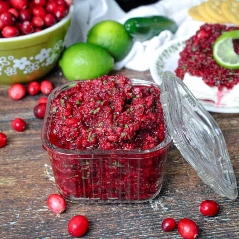 Cranberry Jalapeno Relish in a small square dish surrounded by fresh cranberries