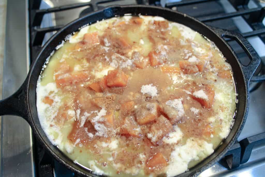 The uncooked easy sweet potato cobbler before it goes into the oven 