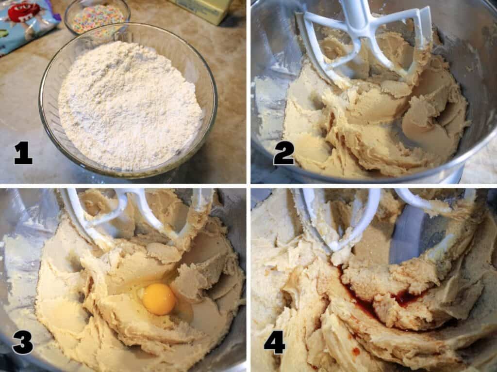 Steps 1-4 for Funfetti Easter cookies 