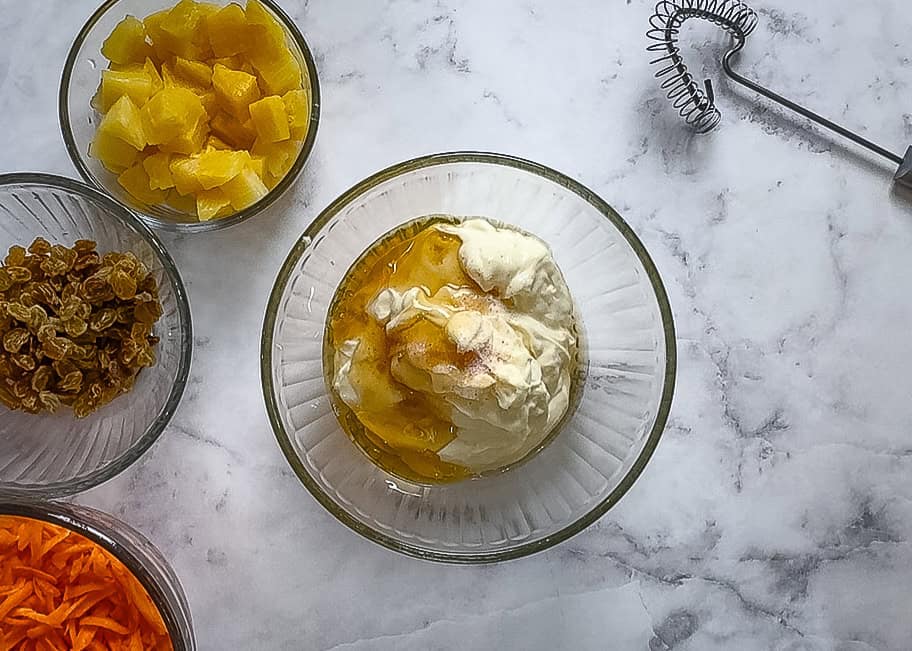 All the dressing ingredients in a bowl