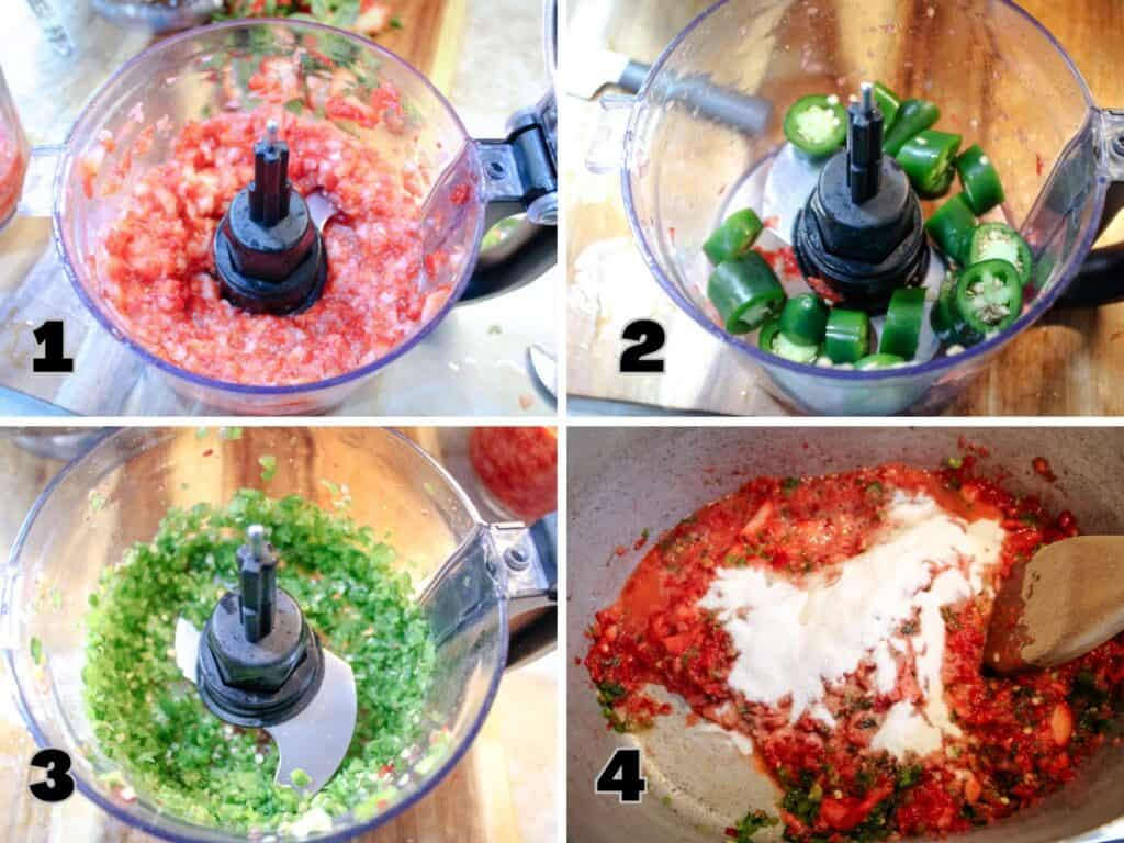 Step-by-step photos showing the process of making Strawberry Jalapeño Jam: 1) Chopped strawberries in a food processor, 2) Whole sliced jalapeños in a food processor, 3) Finely chopped jalapeños in the processor, 4) Strawberry and jalapeño mixture combined with sugar in a cooking pot with a wooden spoon.