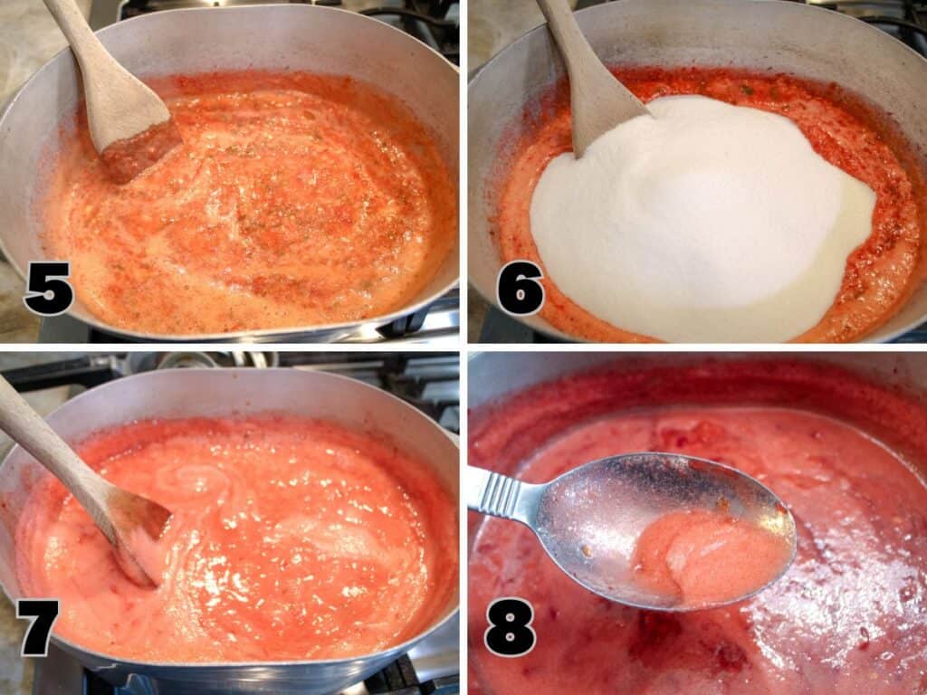 Step-by-step photos showing the cooking process of Strawberry Jalapeño Jam: 5) Jam mixture simmering and foaming in a pot, stirred with a wooden spoon, 6) Granulated sugar being added to the simmering jam, 7) Jam thickening and bubbling as it cooks, 8) A spoon skimming off the foam.