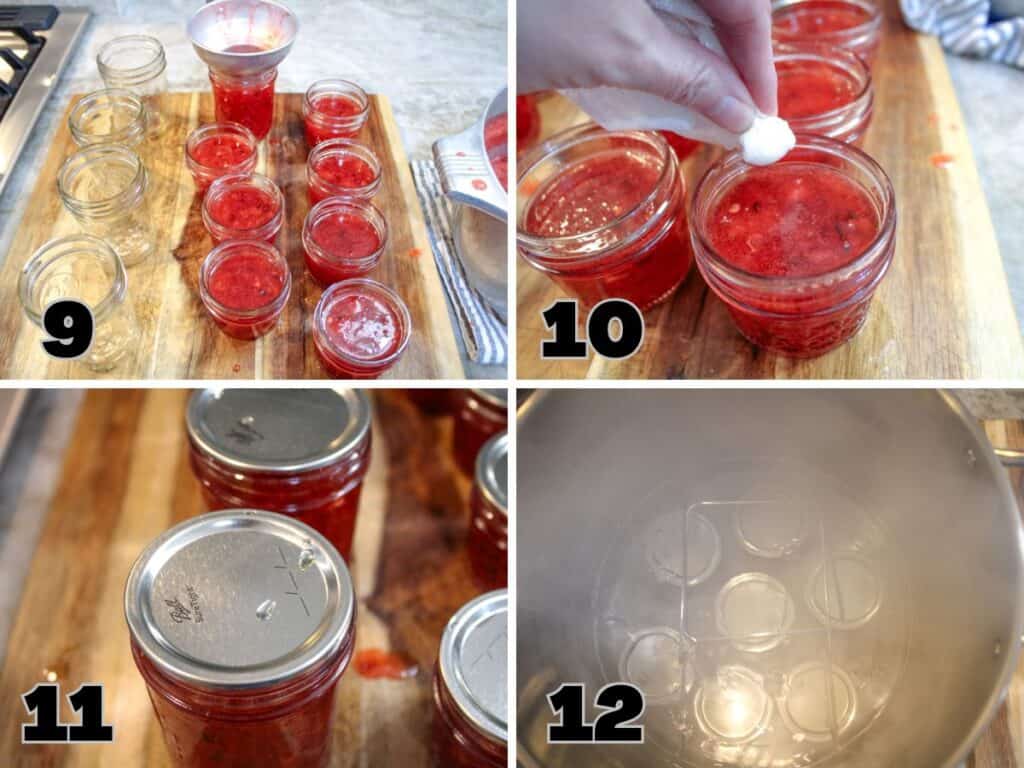 Step-by-step photos showing the canning process for Strawberry Jalapeño Jam: 9) Jam being poured into jars using a funnel, 10) Jar rims being wiped clean before sealing, 11) Sealed jars of jam ready for processing, 12) Jars submerged in a boiling water bath for preservation.