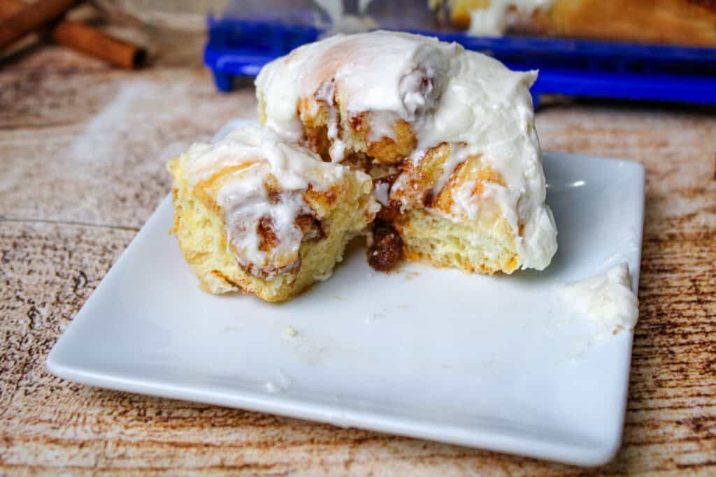 The inside of a gooey bread machine cinnamon roll.