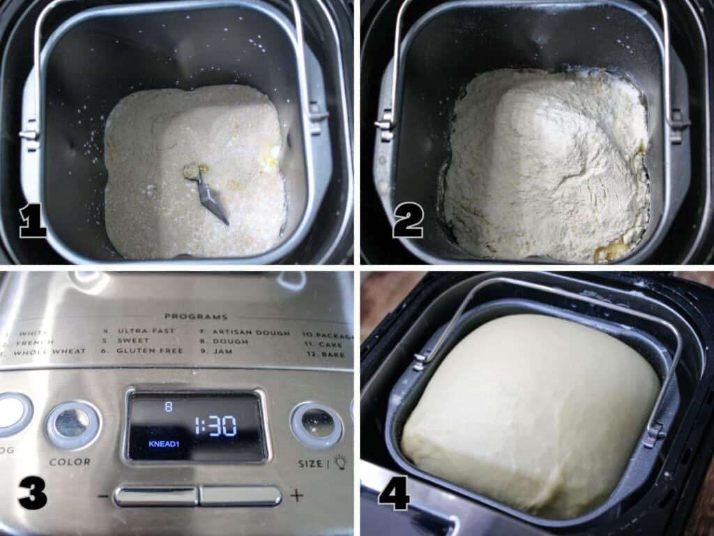 Steps on how to use the bread machine to make the dough for cinnamon rolls . 1-the wet ingredients , 2 dry ingredients , machine set to the dough cycle , the perfectly risen dough