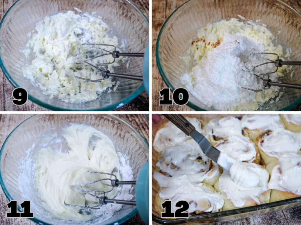 Making cream cheese frosting and spreading the frosting on warm rolls