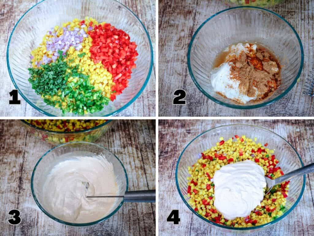 Step-by-step photo collage showing how to make creamy corn salad. Image 1: Corn, chopped red bell pepper, red onion, jalapeño, and cilantro in a bowl. Image 2: Sour cream, mayo, taco seasoning, and lime juice in a separate bowl. Image 3: Dressing ingredients whisked together. Image 4: Creamy dressing poured over the corn mixture.