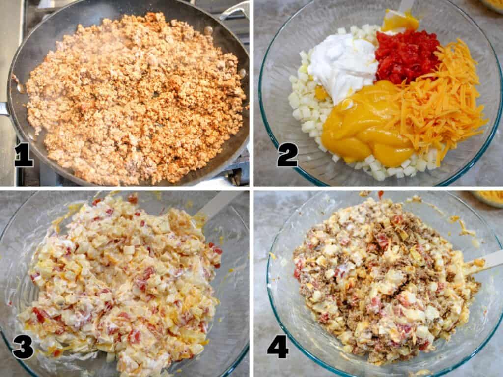 Step-by-step process for making Taco Potato Casserole: cooking seasoned ground beef, mixing frozen hashbrowns with sour cream, Rotel, cheddar cheese soup, and grated cheddar, then combining all ingredients together.