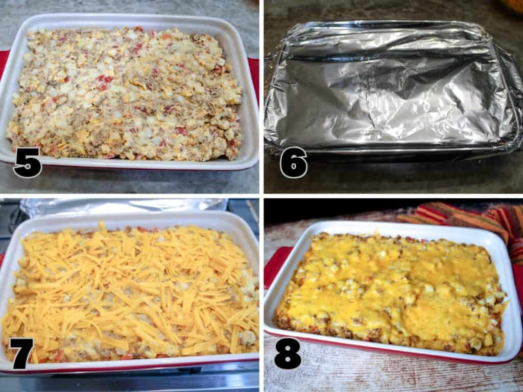Step-by-step images showing Taco Potato Casserole being assembled in a baking dish, covered with foil, topped with shredded cheese, and baked until golden and bubbly.