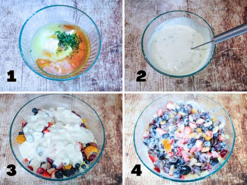 Step-by-step process of making creamy fruit salad: (1) yogurt, honey, lemon juice, zest, and mint in a bowl; (2) dressing whisked together; (3) dressing poured over fresh fruit; (4) fruit salad mixed until fully coated.