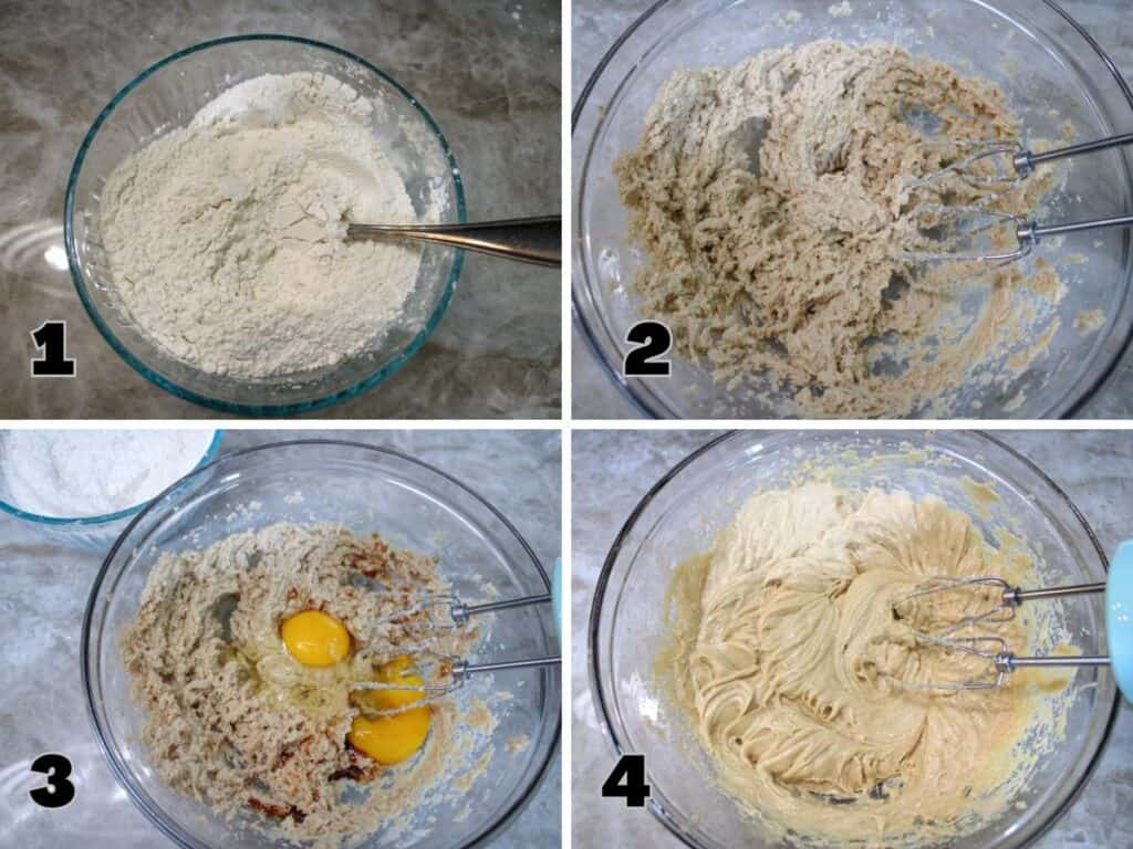Step-by-step process of making cookie dough: (1) dry ingredients whisked in a glass bowl, (2) creamed butter and sugars, (3) eggs and vanilla added to mixture, (4) smooth batter after blending wet ingredients.