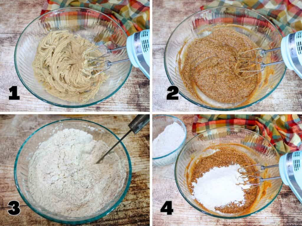 Step-by-step process of making pumpkin molasses cookies: creaming butter and sugars, mixing in pumpkin and molasses, whisking dry ingredients, and adding flour mixture to wet ingredients