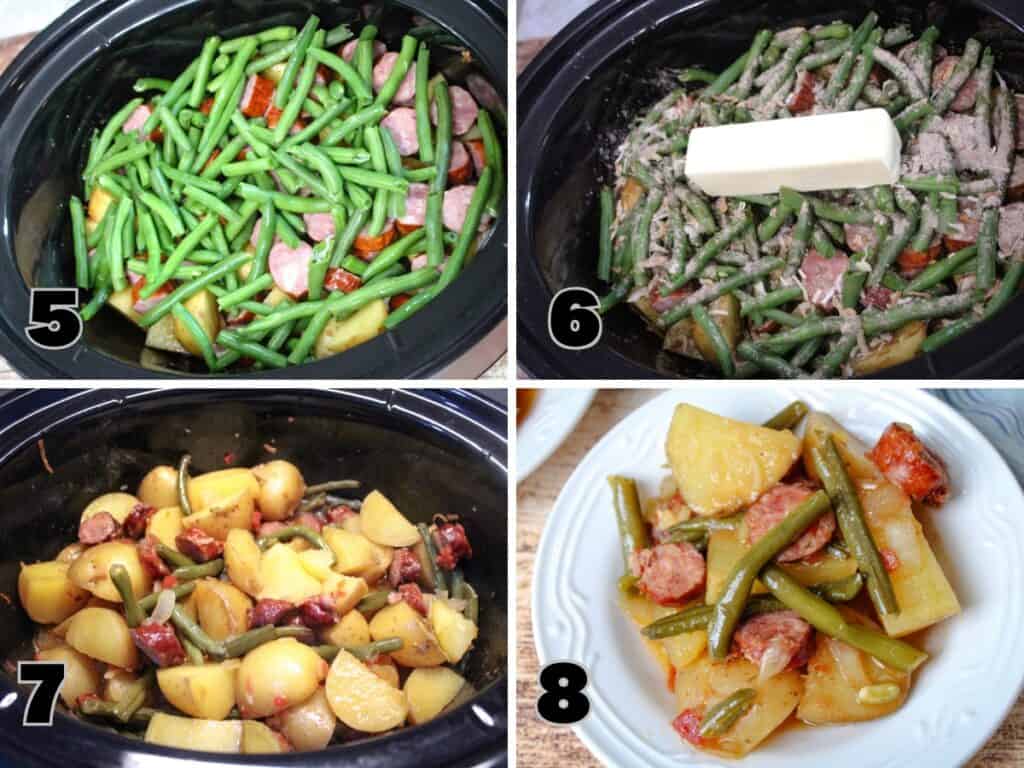 Continued slow cooker layers: fresh green beans added over sausage, topped with onion soup mix and butter, followed by a final cooked shot and a serving of finished swamp potatoes on a plate.