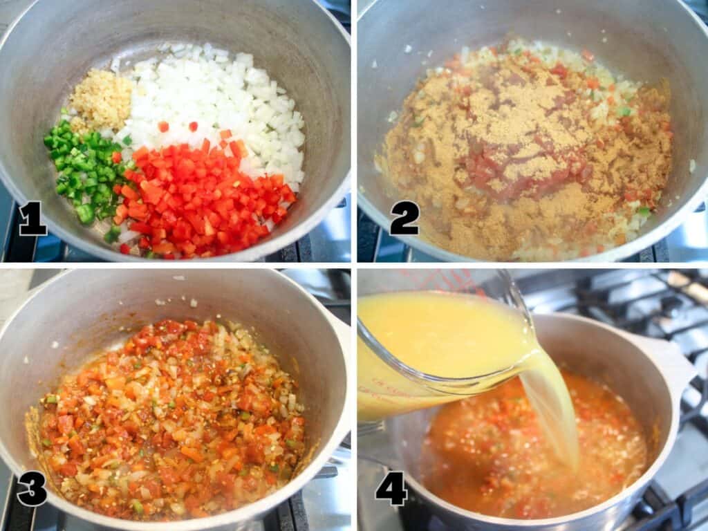 Step by step process of making chicken taco soup sautéing onions, garlic, bell pepper, and jalapeño, adding tomatoes and taco seasoning, then pouring in chicken broth.