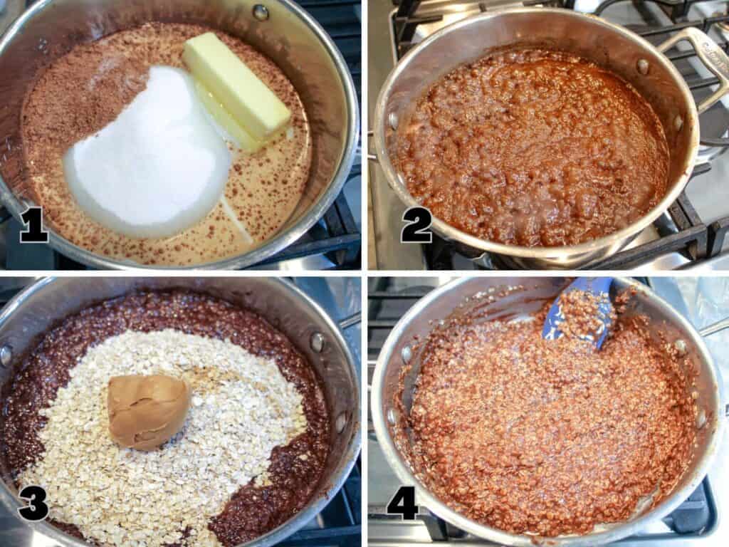 Step-by-step collage showing how to make no-bake chocolate oatmeal cookies: combining butter, sugar, milk, and cocoa; boiling the mixture; adding oats and peanut butter; and stirring everything together.