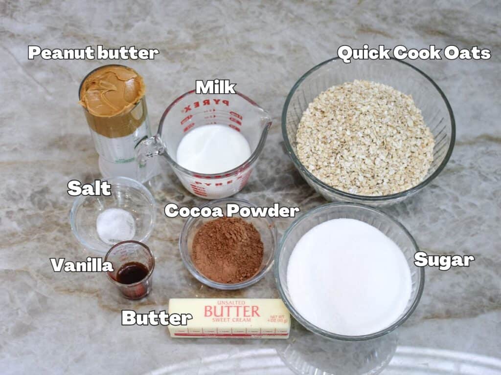 Ingredients for no-bake chocolate oatmeal cookies displayed on a counter, including butter, sugar, cocoa powder, oats, milk, peanut butter, vanilla, and salt.