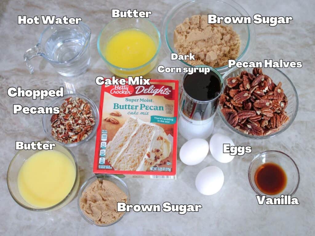Overhead view of labeled ingredients for pecan pie dump cake including brown sugar, dark corn syrup, butter, eggs, vanilla, pecan halves, chopped pecans, butter pecan cake mix, and hot water displayed on a marble surface.