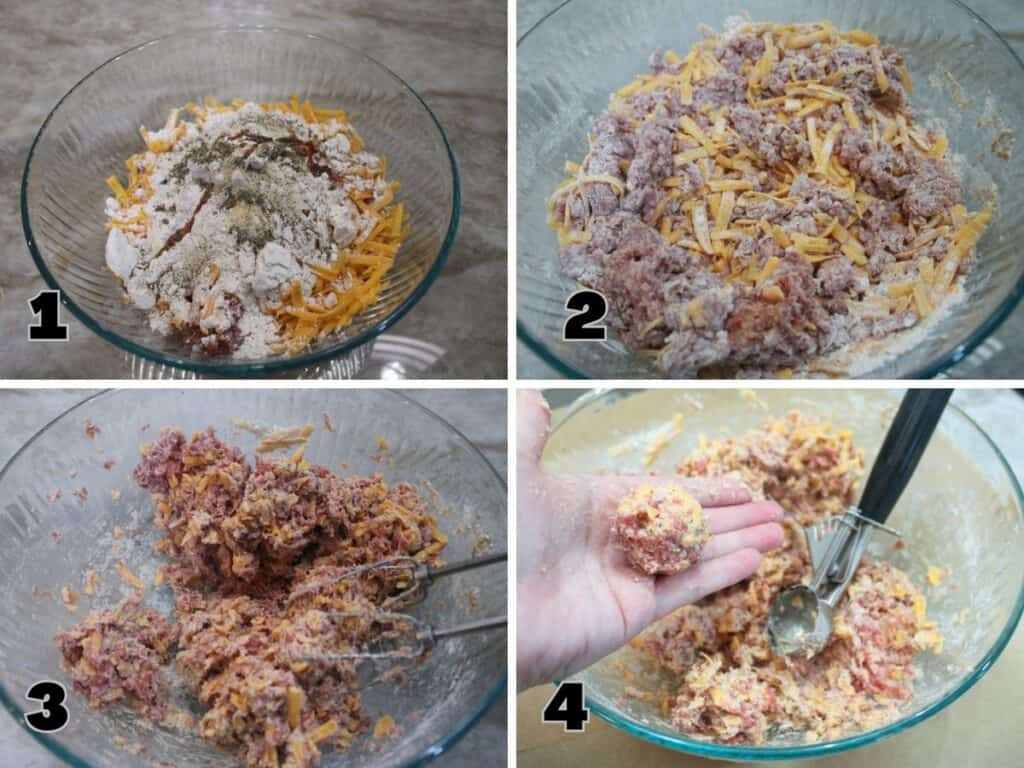 Sausage ball ingredients combined in a mixing bowl with shredded cheddar cheese, Bisquick, seasonings, and breakfast sausage before mixing. Then mixed and rolls into a ball