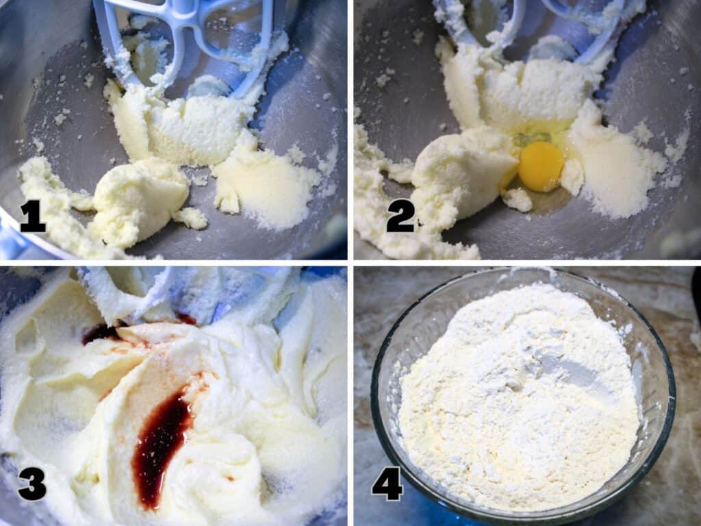 (collage 1-4)
Steps for making Southern Tea Cakes: creaming butter and sugar, adding eggs and vanilla, and mixing dry ingredients