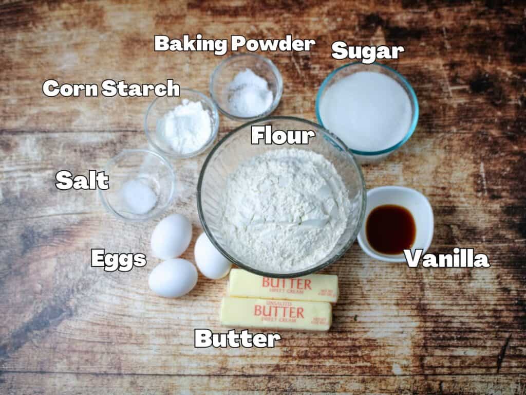 Ingredients for Southern Tea Cakes including butter, sugar, eggs, flour, cornstarch, baking powder, salt and vanilla
