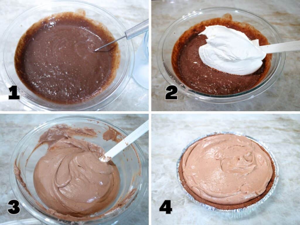 Mixing instant chocolate pudding with milk in a bowl for no bake chocolate cream pie filling and spreading into a chocolate crust 